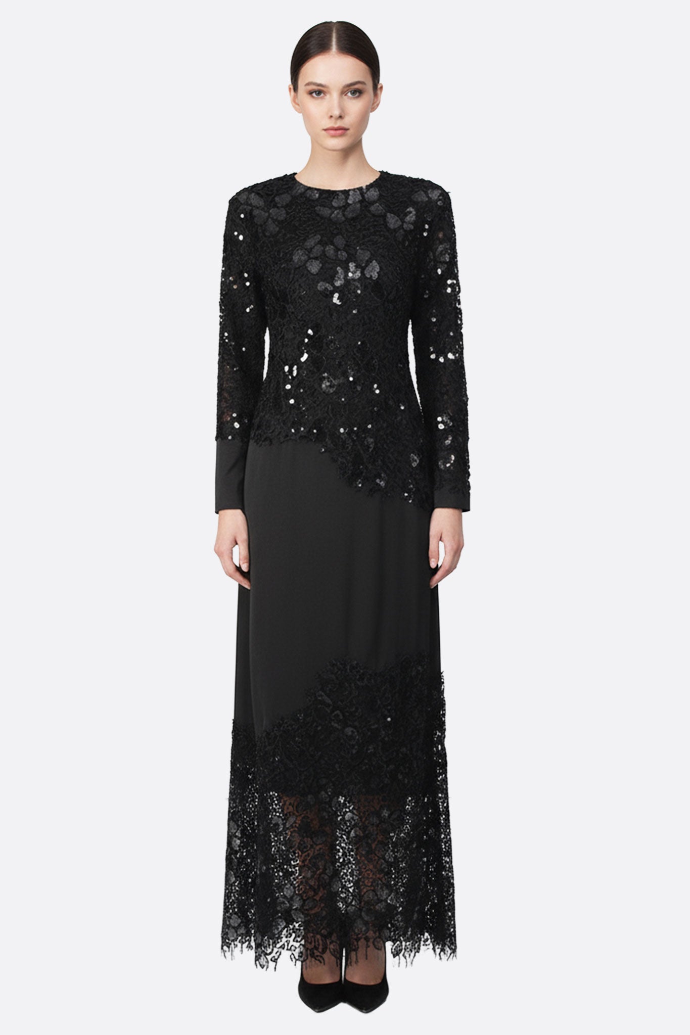 Callia | Black Lace & Sequin Long-Sleeve Maxi Gown