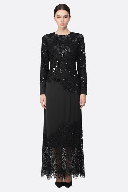 Callia | Black Lace & Sequin Long-Sleeve Maxi Gown