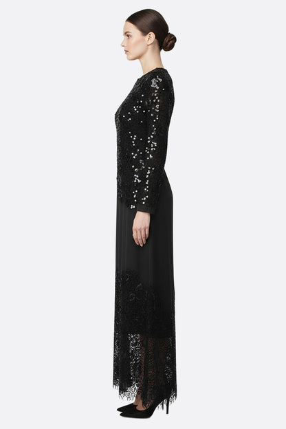 Callia | Black Lace & Sequin Long-Sleeve Maxi Gown