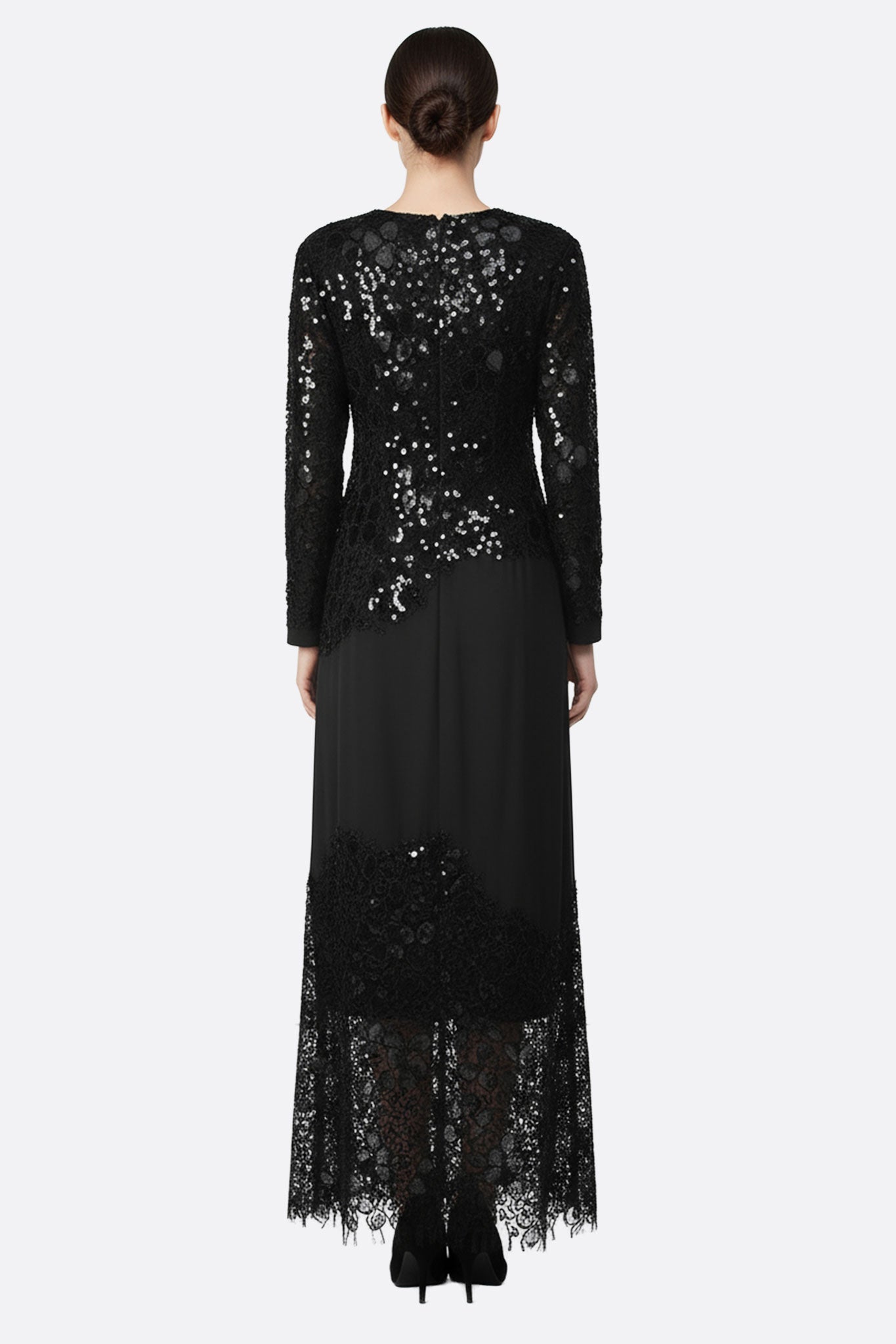 Callia | Black Lace & Sequin Long-Sleeve Maxi Gown