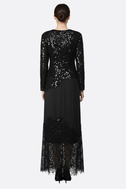 Callia | Black Lace & Sequin Long-Sleeve Maxi Gown