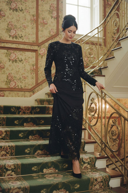 Callia | Black Lace & Sequin Long-Sleeve Maxi Gown