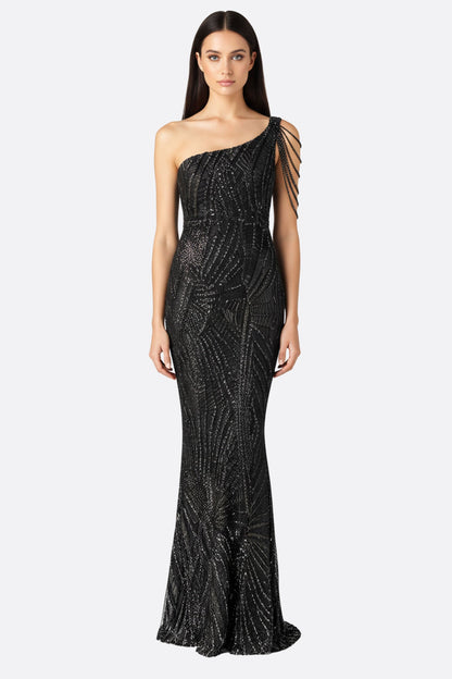 Marcele | Black Asymmetric Pearl-Embellished Evening Gown