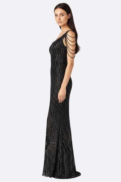 Marcele | Black Asymmetric Pearl-Embellished Evening Gown