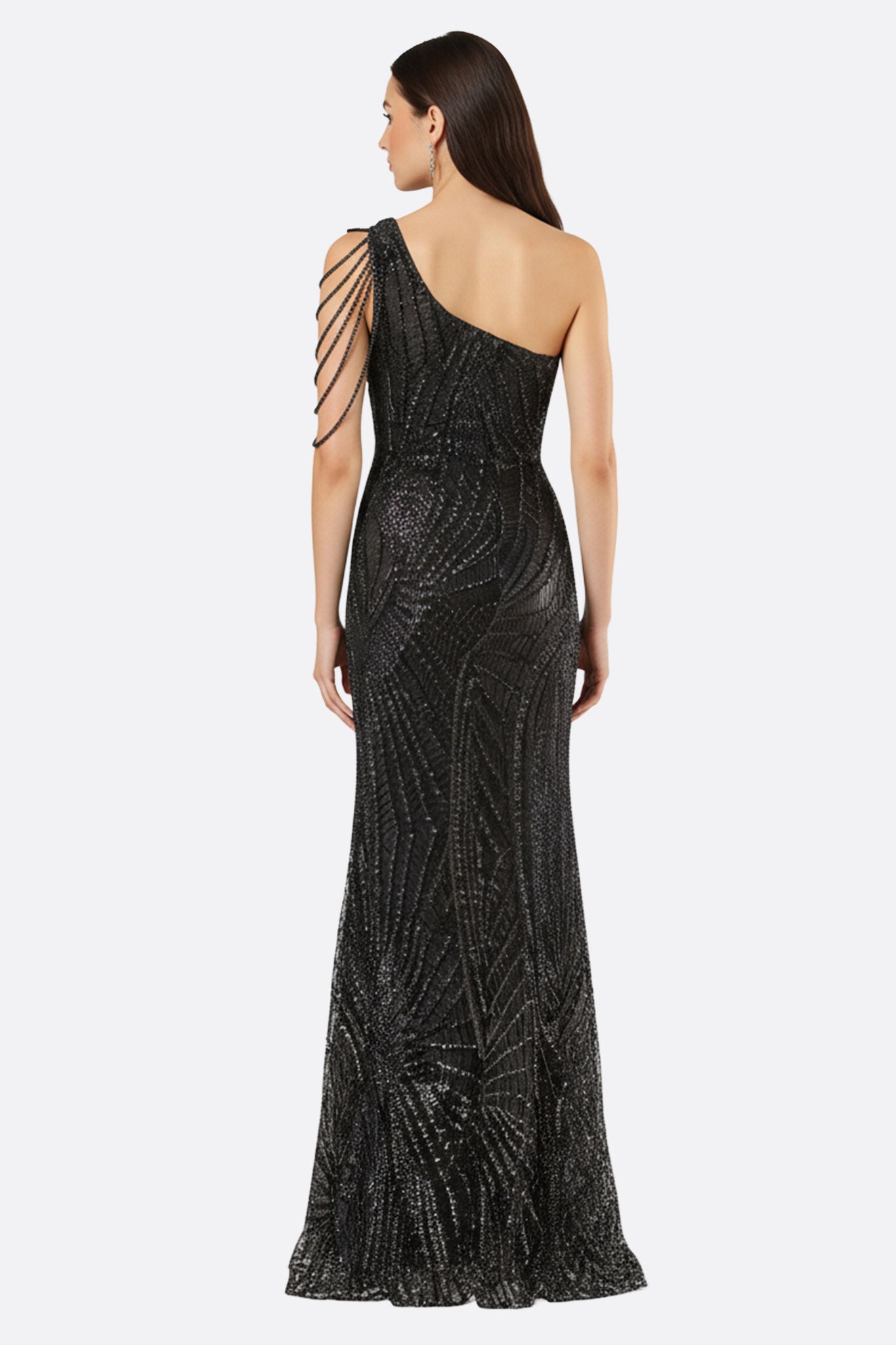 Marcele | Black Asymmetric Pearl-Embellished Evening Gown