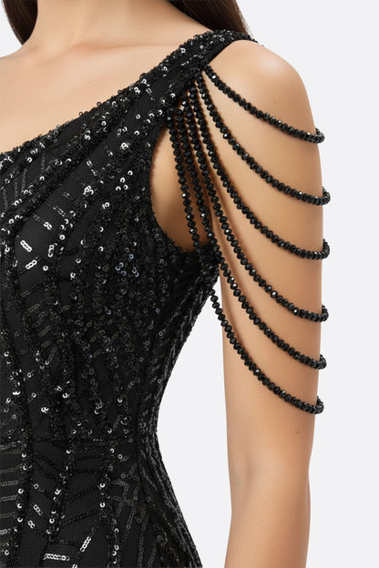 Marcele | Black Asymmetric Pearl-Embellished Evening Gown