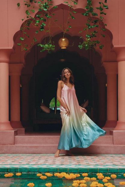 Selestia | Sunset Ombre Satin Maxi Dress