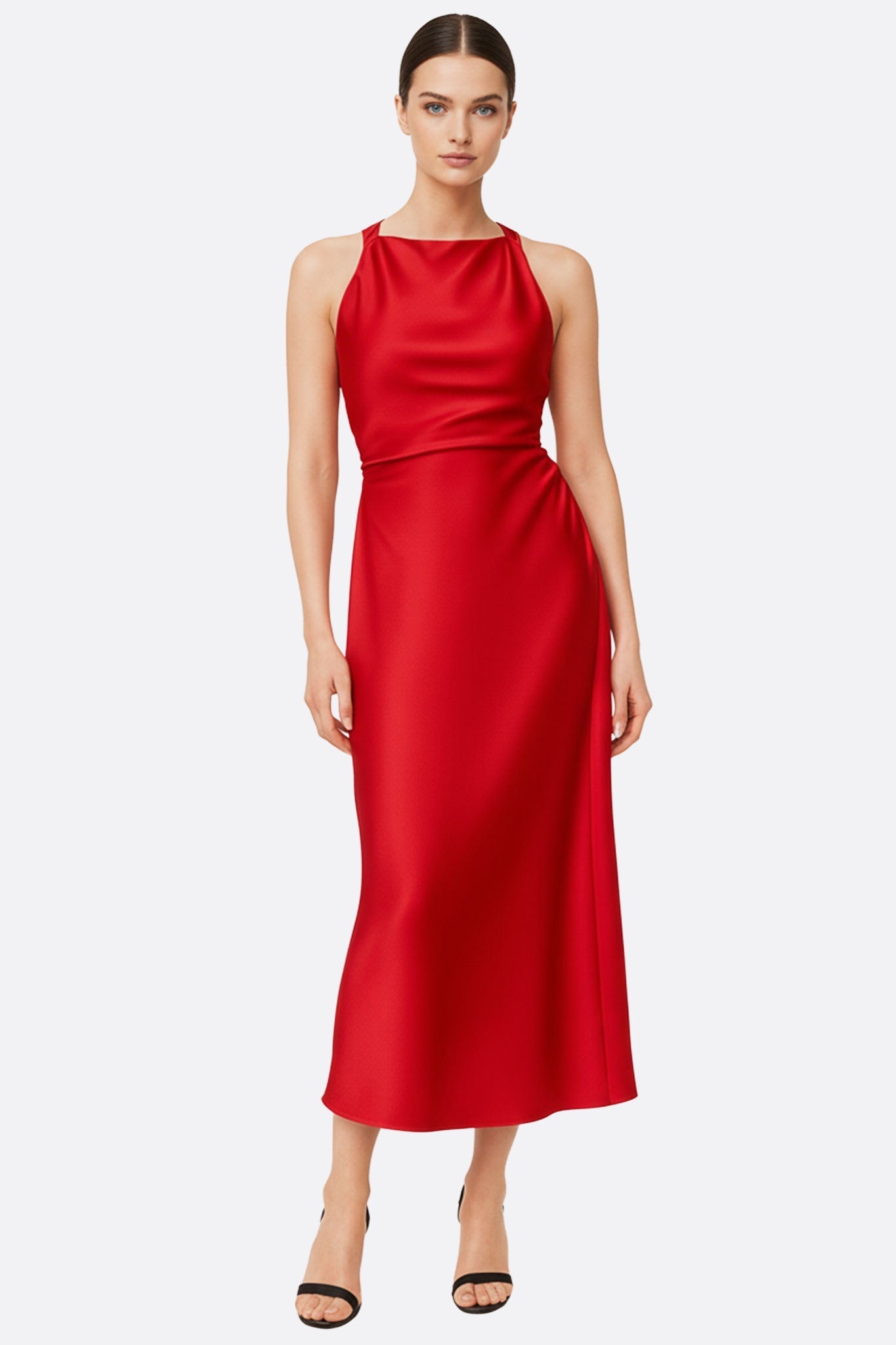 Serenna | Red Satin Halter-Neck Maxi Dress